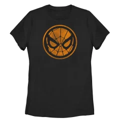 Juniors' Marvel Spider-Man Orange Halloween Mask Logo Tee