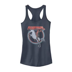 Juniors' Marvel Deadpool On A Unicorn Circle Portrait Logo Tank Top