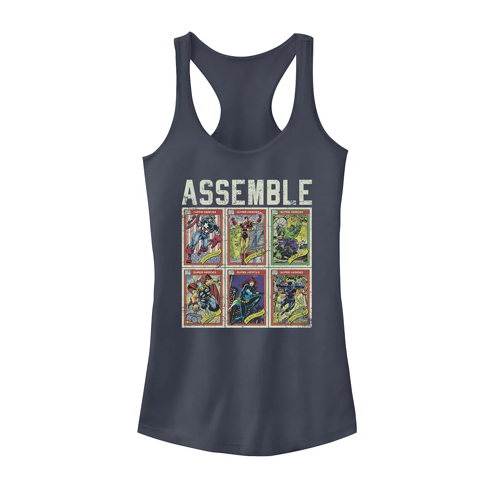 Juniors' Marvel Assemble Avengers Trading Cards Stacked Poster Tank Top 3 Juniors' Marvel Assemble Avengers Trading Cards Stacked Poster Tank Top