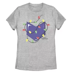 Juniors' Marvel Hawkeye Purple Christmas Lights Badge Graphic Tee